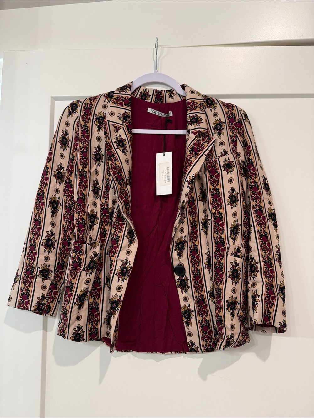 Novella Royale Beige Blazer with Burgundy and Black Floral Stripe